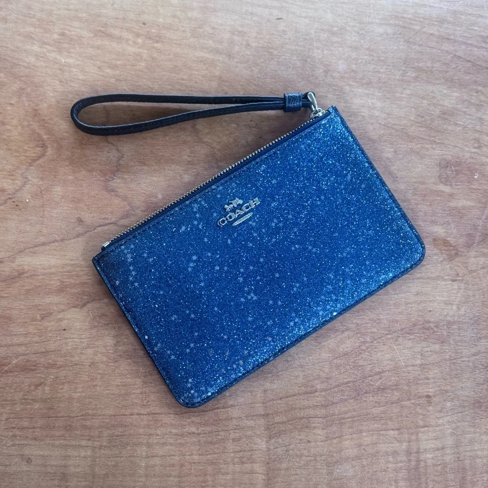 NIB Coach Sparkling Navy Blue Midnight Wristlet 4” x 7” Glitter Collection $85